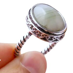 New Sterling Silver Handmade Green Agate Rope Design Boho Greek Native Ring